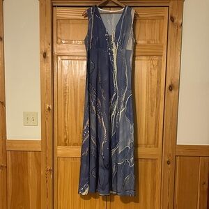 Blue Marble-Print Sleeveless Maxi Dress
